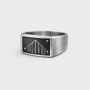 Design ring with grey background and clean lines inspired by norwegian architecture.