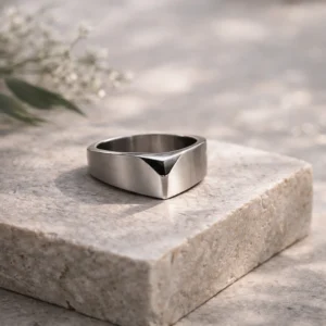 Minimalistic ring with black detail laying on grey stone.