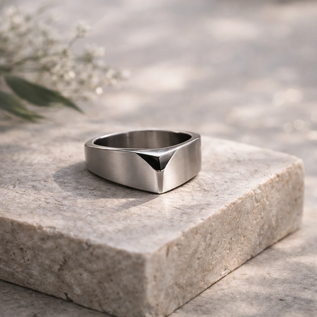 Minimalistic ring with black detail laying on grey stone.