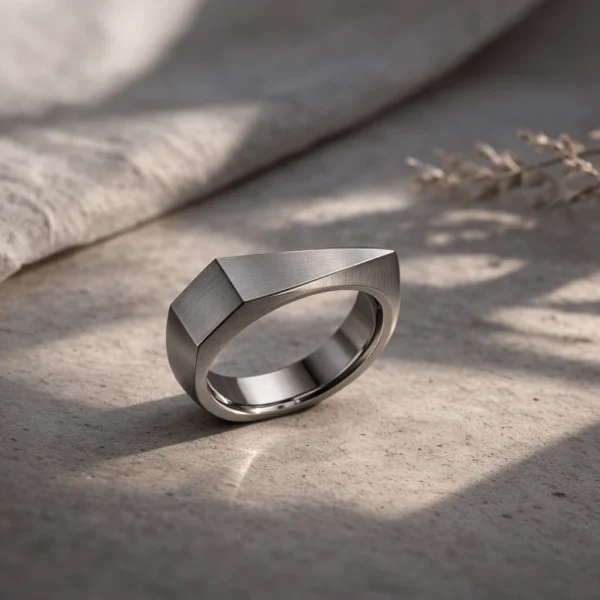Geomtric silver ring on a stone table background