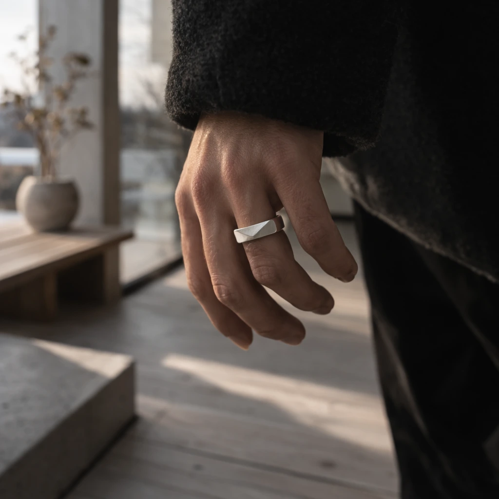 scandinavian minimalism ring. minimalist ring with shape on a hand